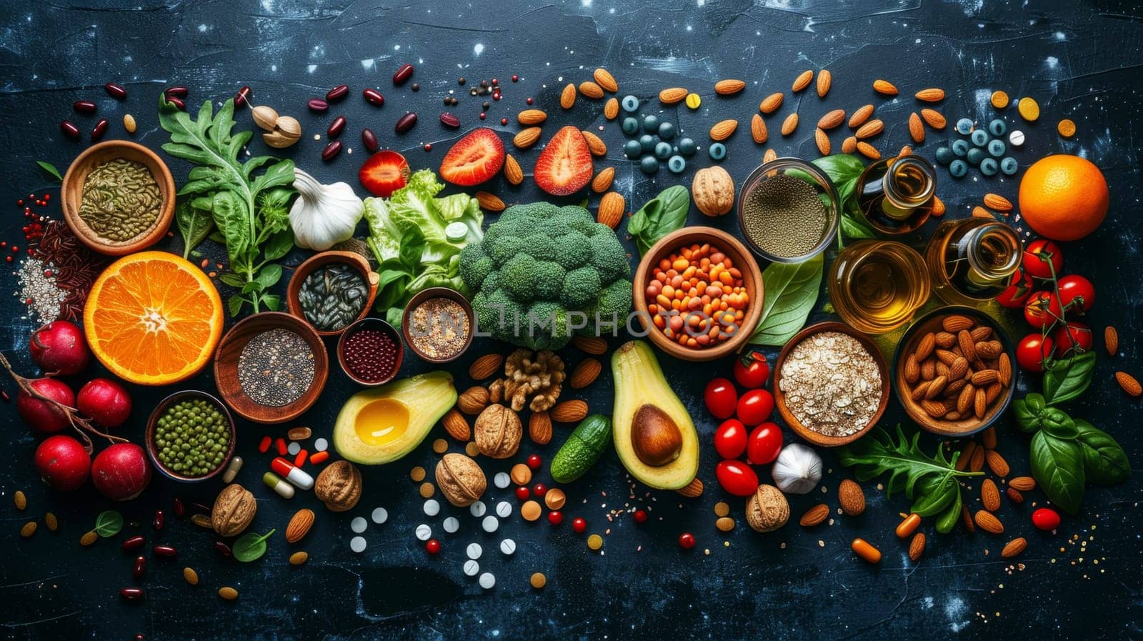 Various vegetables, seeds and fruits, vitamins in the background . Healthy Diet. Biohacking.