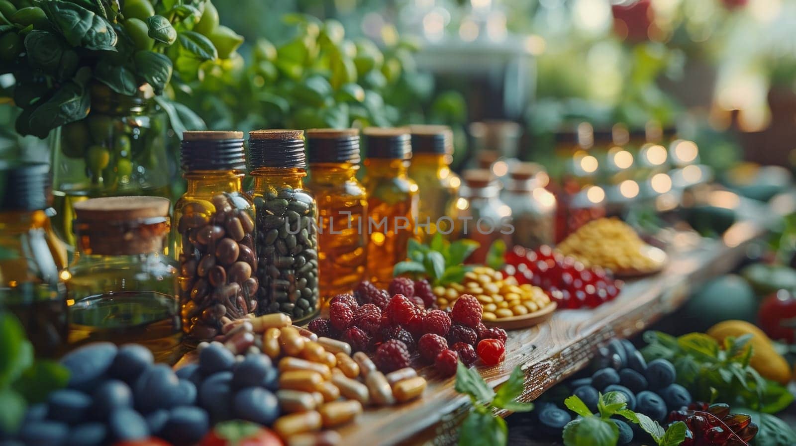 Vitamin capsules in a jar on the table. Vitamin tablets .