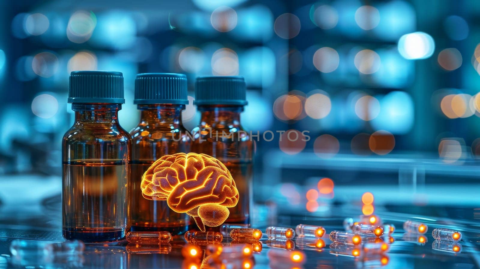 The human brain and capsules in the background. Organ anatomy, neurology, and the healthy body.