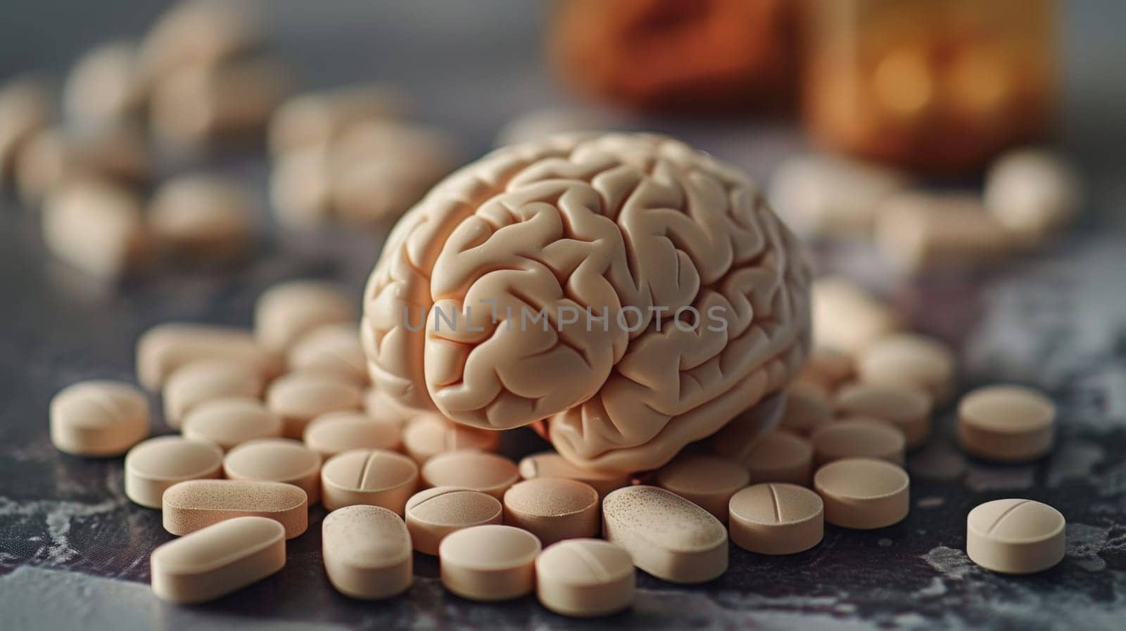 The human brain and capsules in the background. Organ anatomy, neurology, and the healthy body.