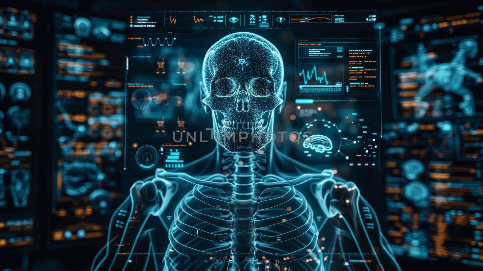 The skeletal structure of the human body is on display, examining the contents on the screen.