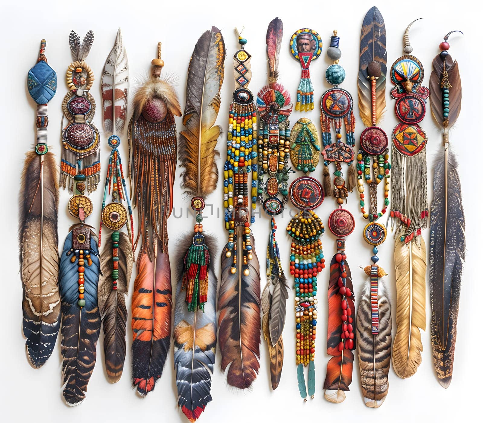 An artistic product featuring a bunch of feathers adorned with beads on a white background. This unique design could be used for jewellery, fashion design, or as a souvenir