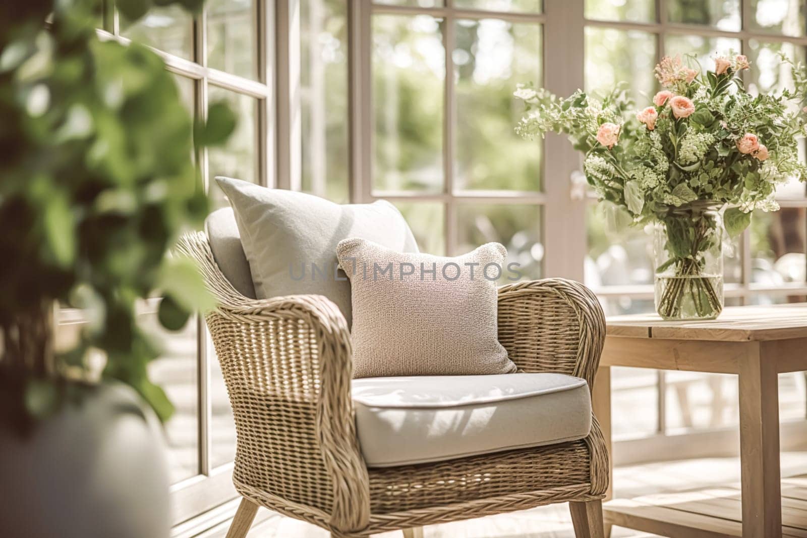 Conservatory room decor, cottage interior design and house improvement, garden furniture with sofa and home decor, English country house style, post-processed, generative ai