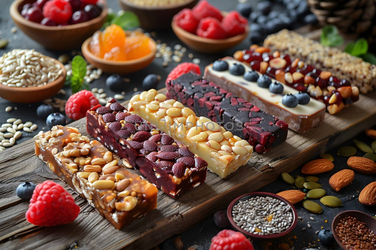 A wooden cutting board displaying a selection of granola bars and fresh berries, perfect for a healthy snack or breakfast option. Made with natural ingredients and whole foods