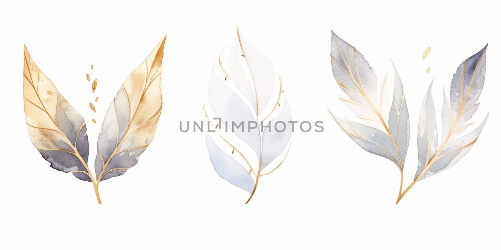 Set of watercolor green leaves with gold lines elements. Clipart botanical collection