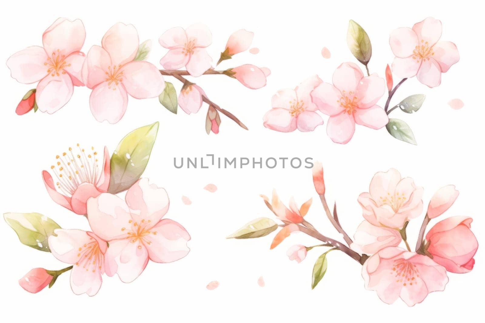 Branch of cherry blossom hand drawn watercolor illustration