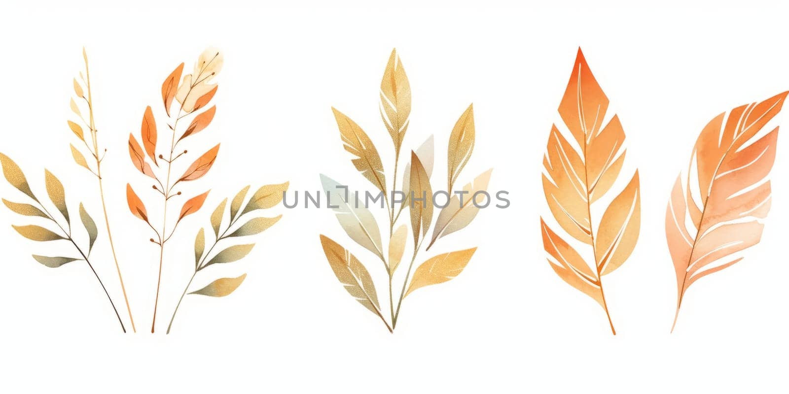 Set of watercolor green leaves with gold lines elements. Clipart botanical collection. by Artsiom