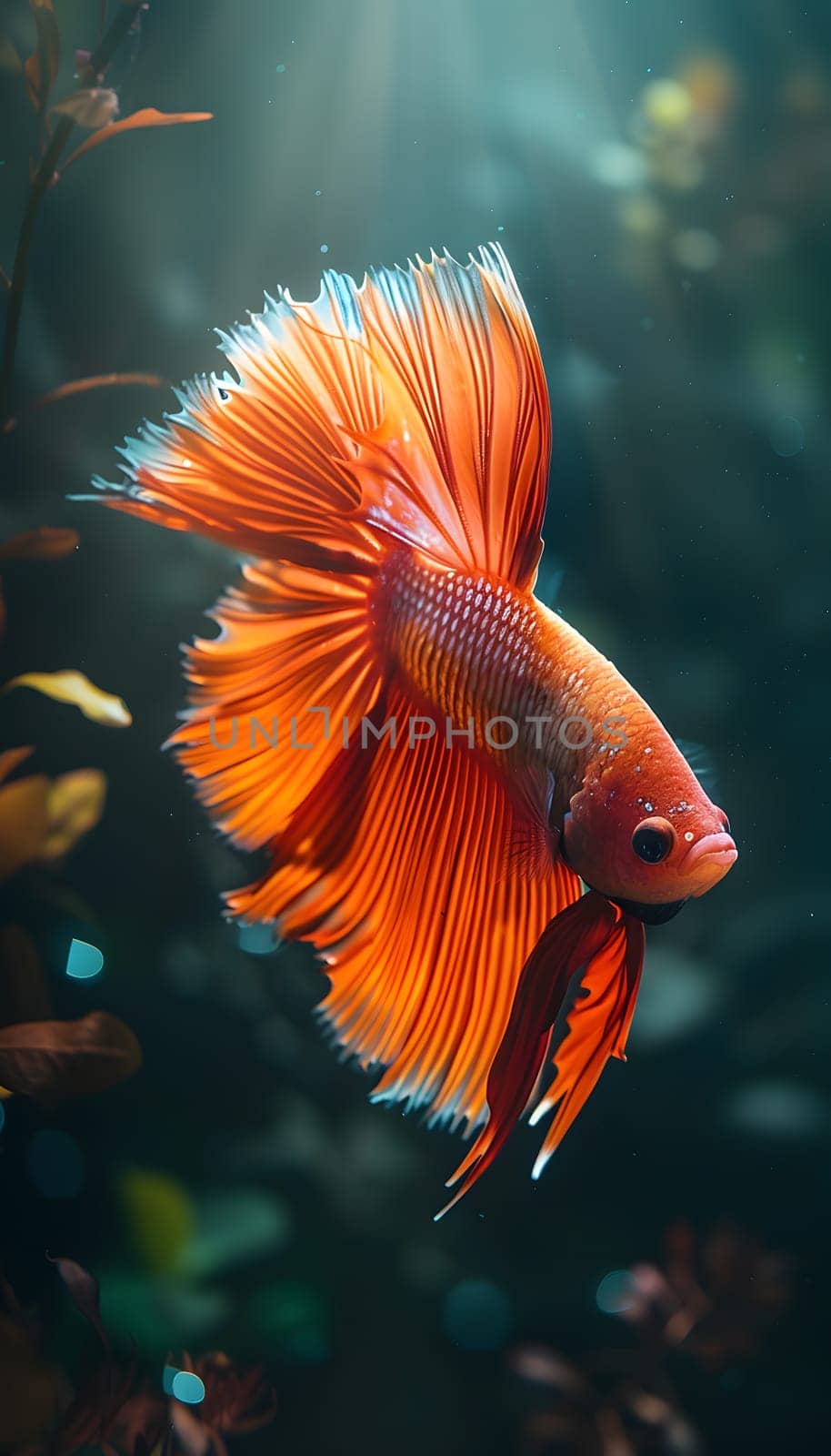 A red Betta fish is gracefully swimming among other organisms in an underwater tank, showcasing its vibrant fins and tail. The tank is filled with water and pet supplies for the fish