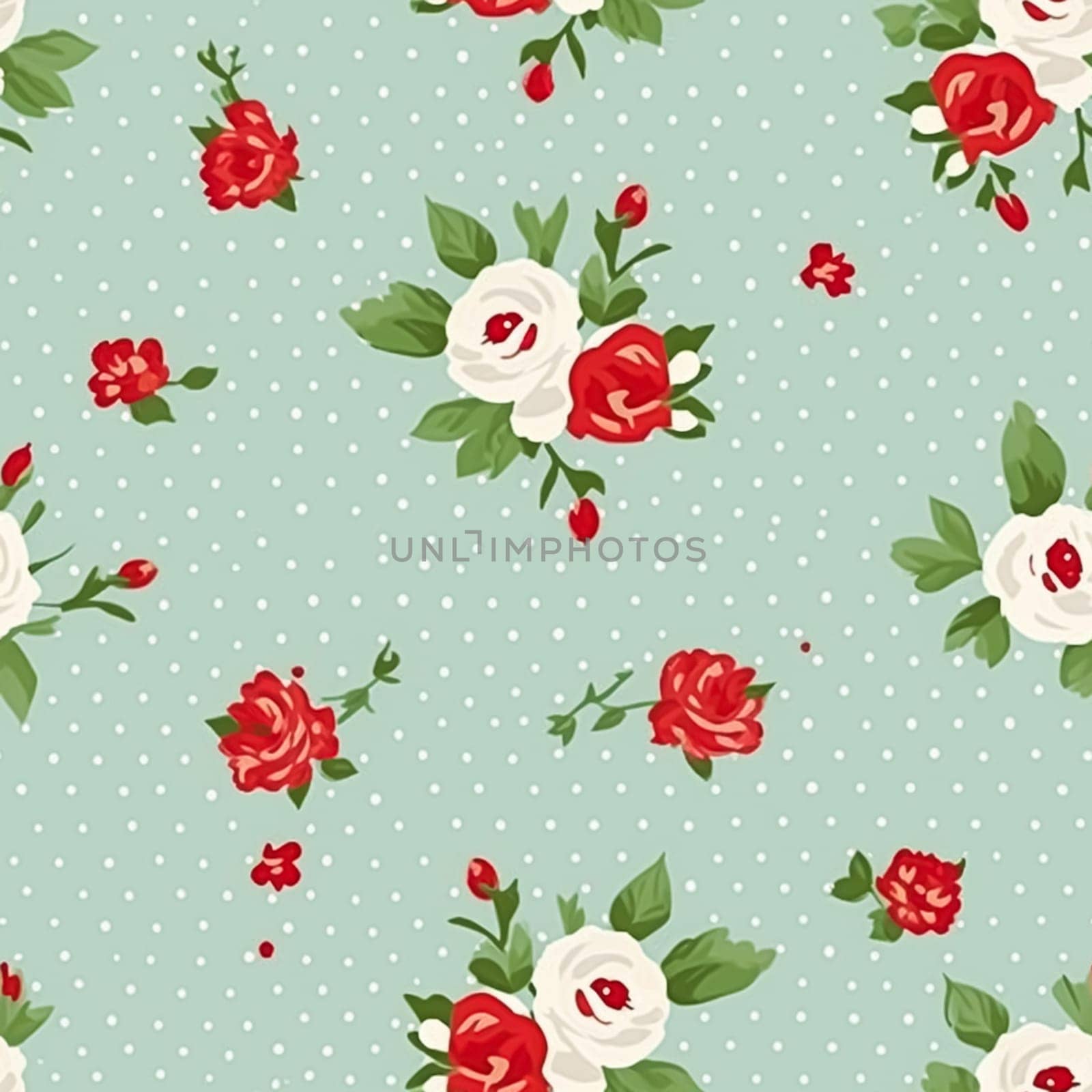 Seamless pattern, tileable floral country holiday print with roses, dots and flowers for wallpaper, wrapping paper, scrapbook, fabric and polka dot roses product design idea