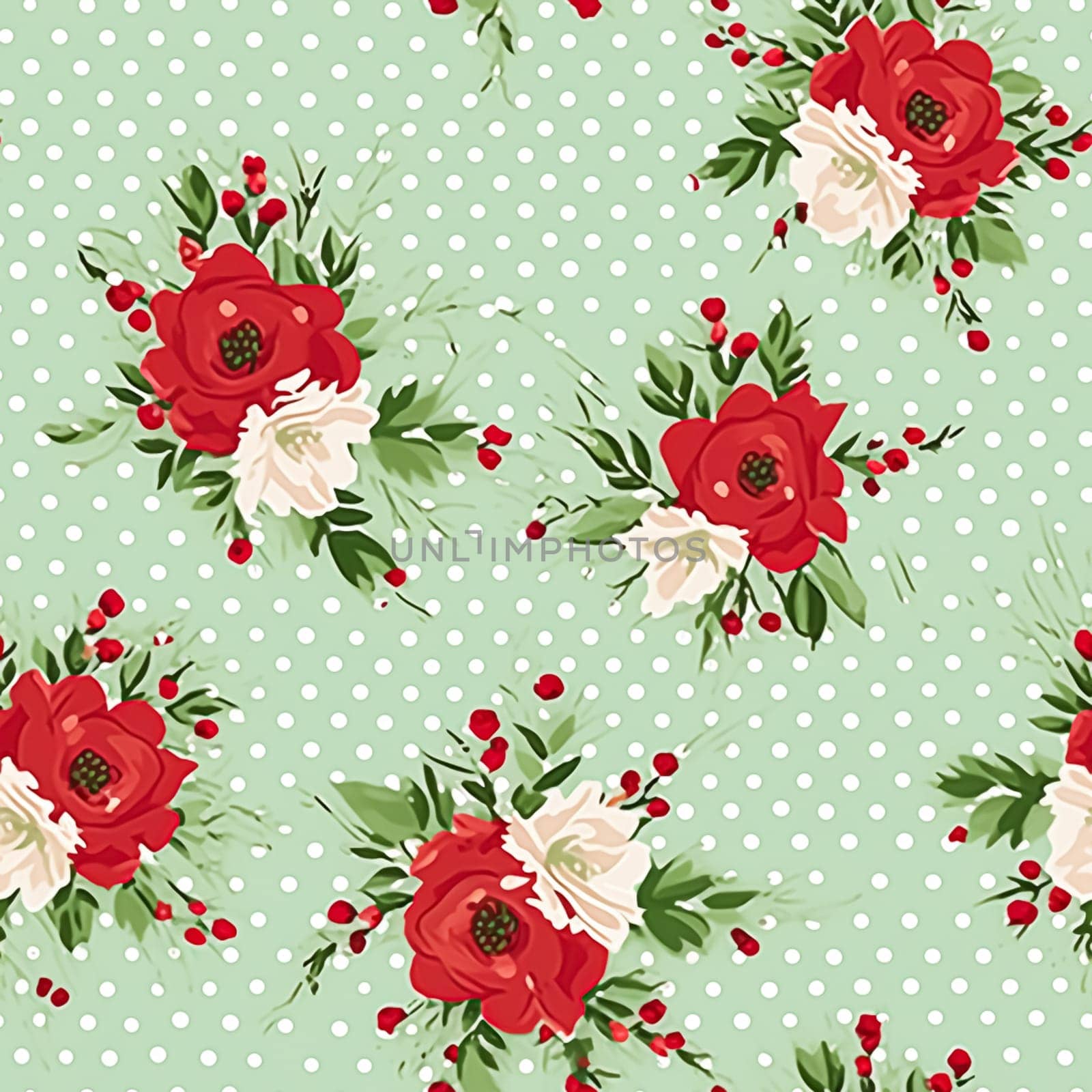 Seamless pattern, tileable Christmas holiday floral, country flowers dots print, English countryside roses for wallpaper, wrapping paper, scrapbook, fabric and product design motif