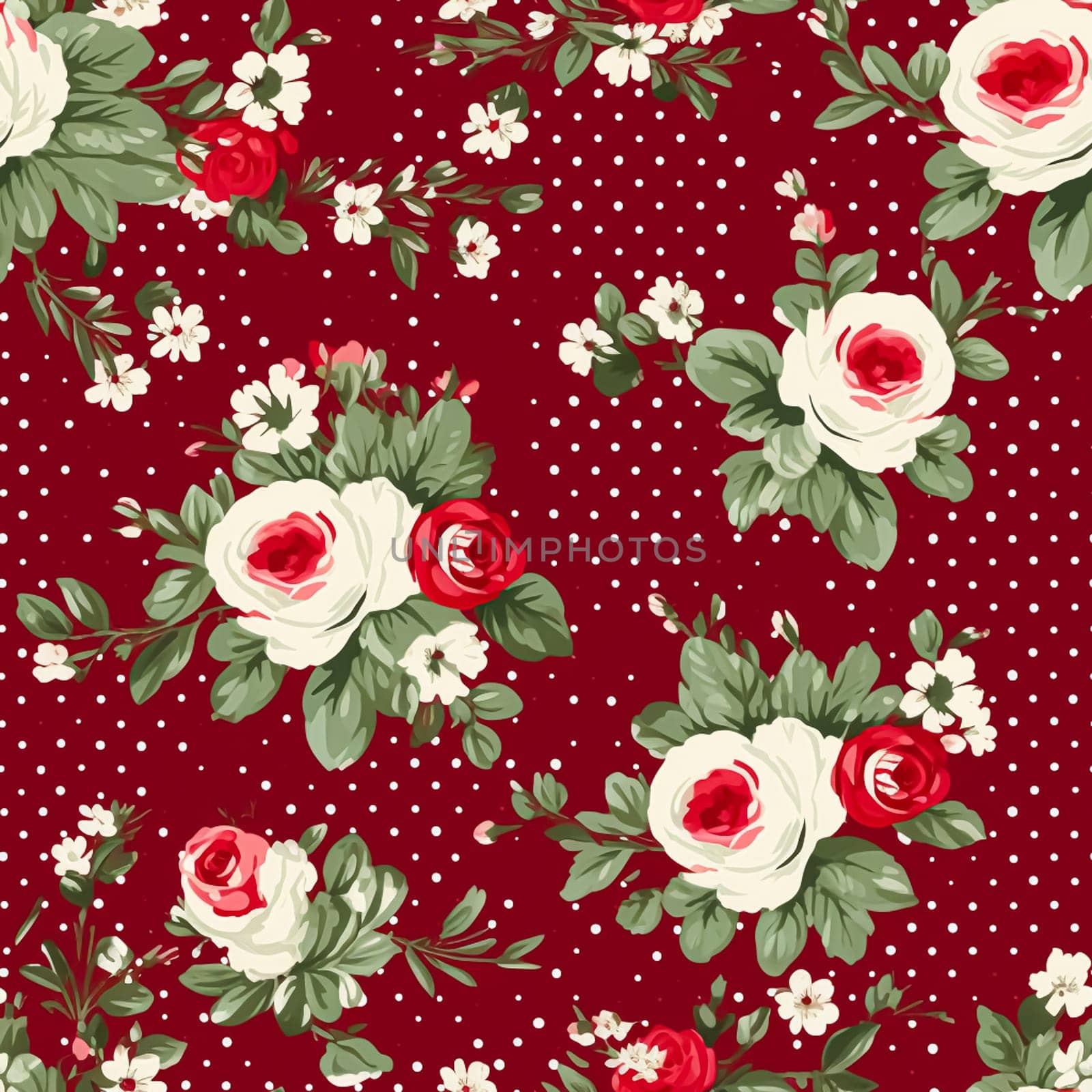 Seamless pattern, tileable Christmas holiday floral, country flowers dots print, English countryside roses for wallpaper, wrapping paper, scrapbook, fabric and product design motif