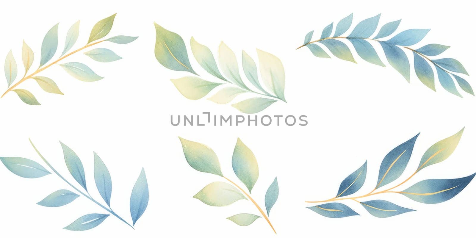 Set of watercolor green leaves with gold lines elements. Clipart botanical collection