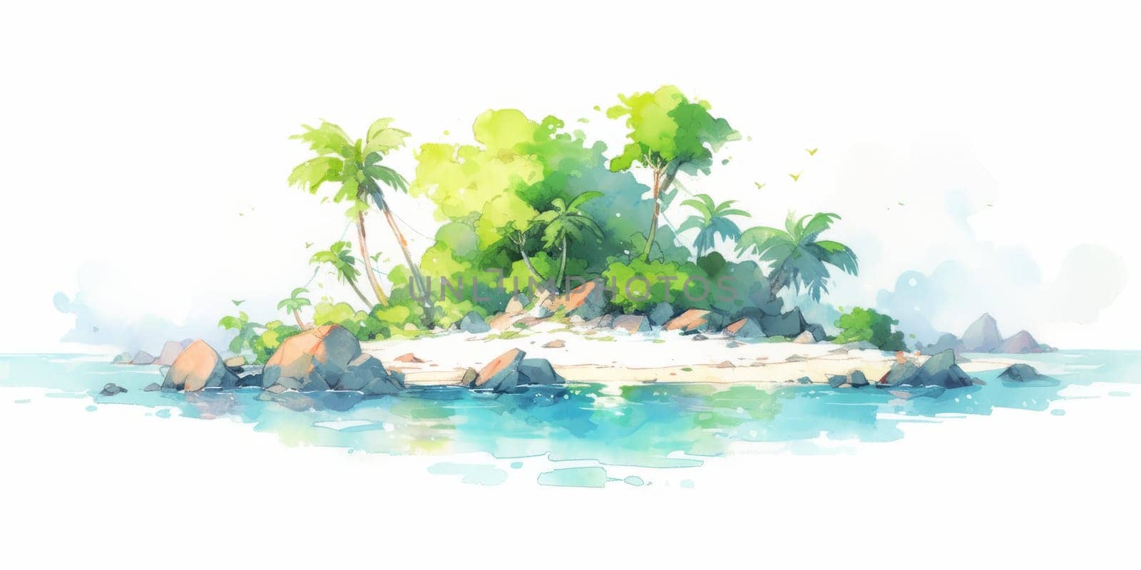 Simple tropical island hand drawn watercolor illustration. by Artsiom