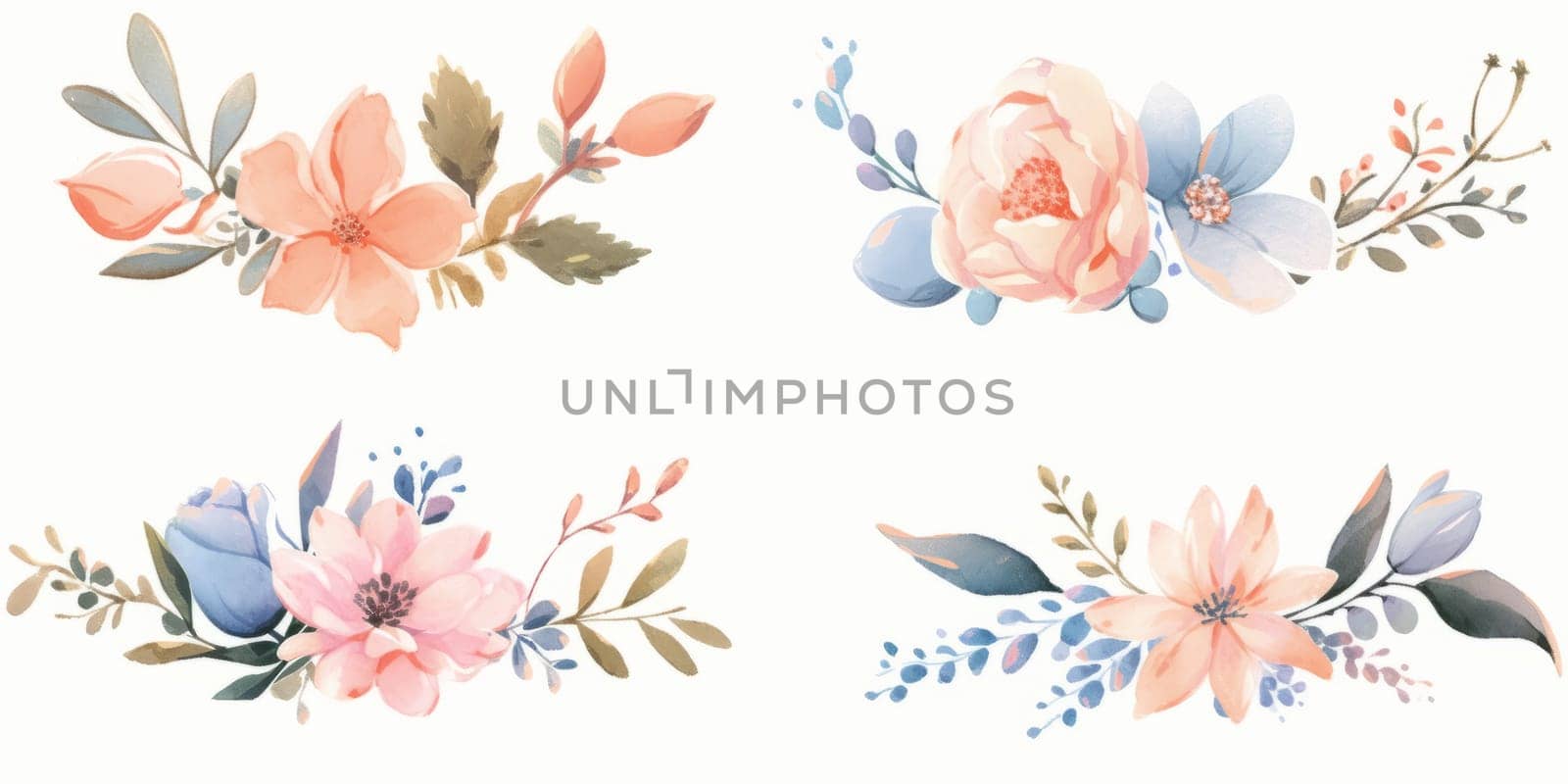 Watercolour floral illustration set. DIY blush pink blue flower, green leaves. by Artsiom