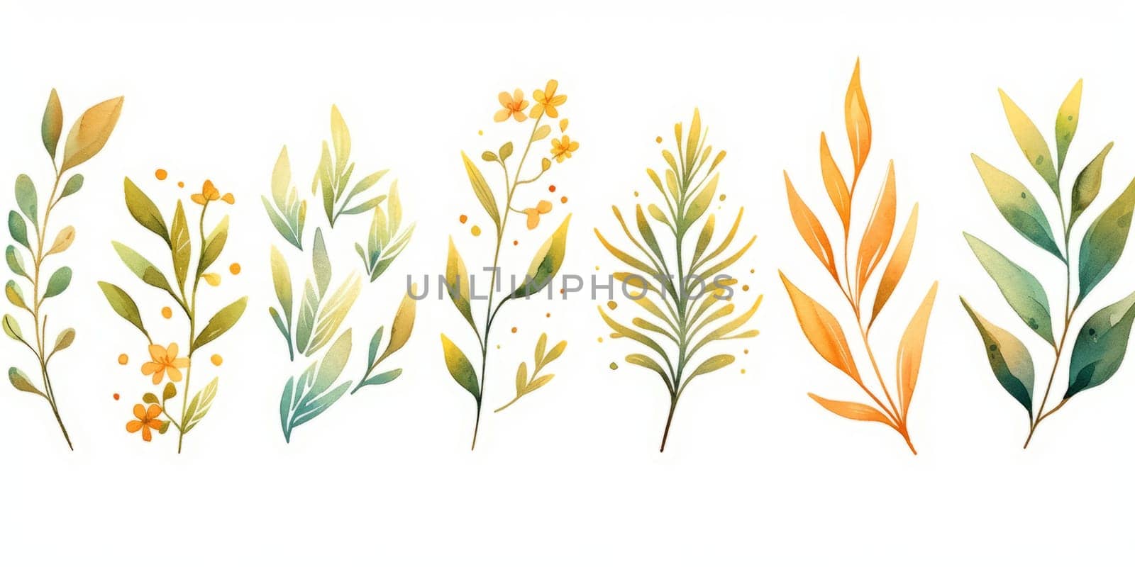 Set of watercolor green leaves with gold lines elements. Clipart botanical collection. by Artsiom