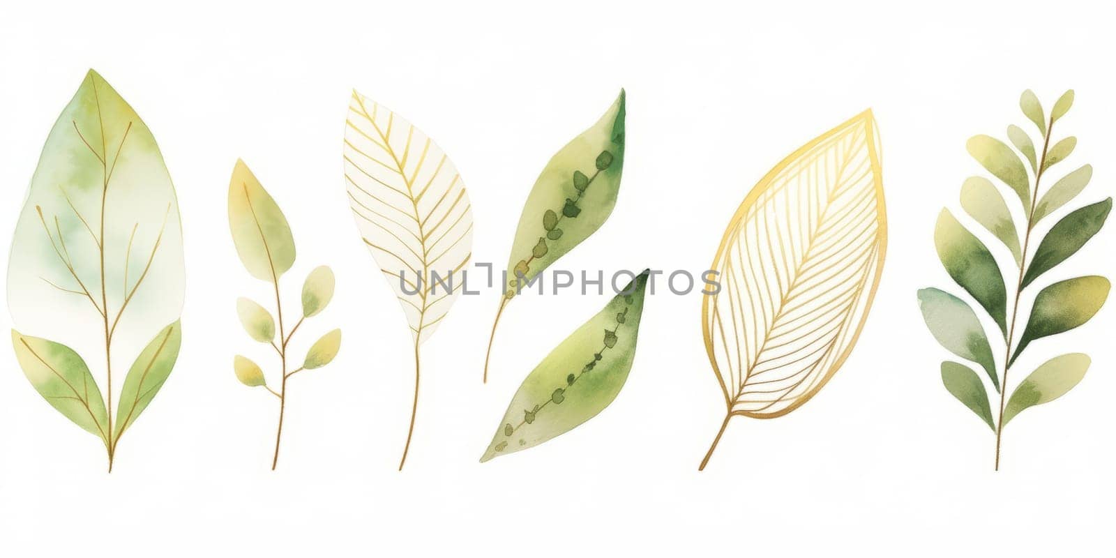 Set of watercolor green leaves with gold lines elements. Clipart botanical collection