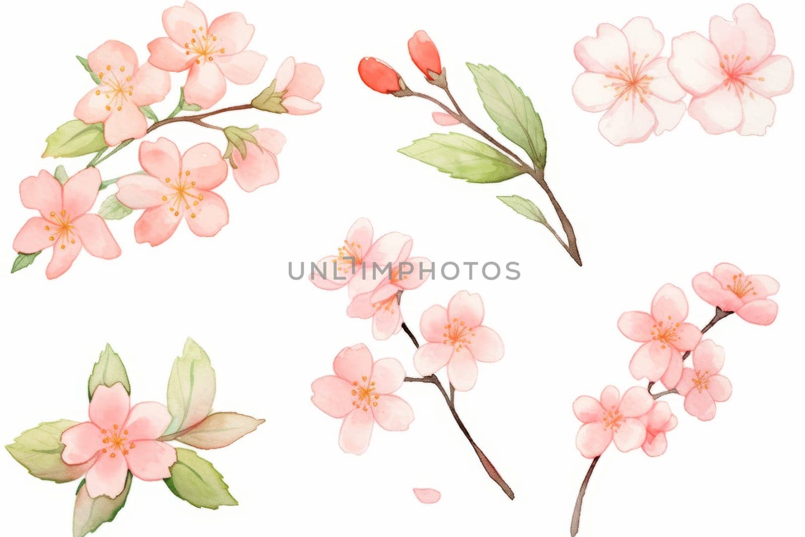 Branch of cherry blossom hand drawn watercolor illustration. by Artsiom