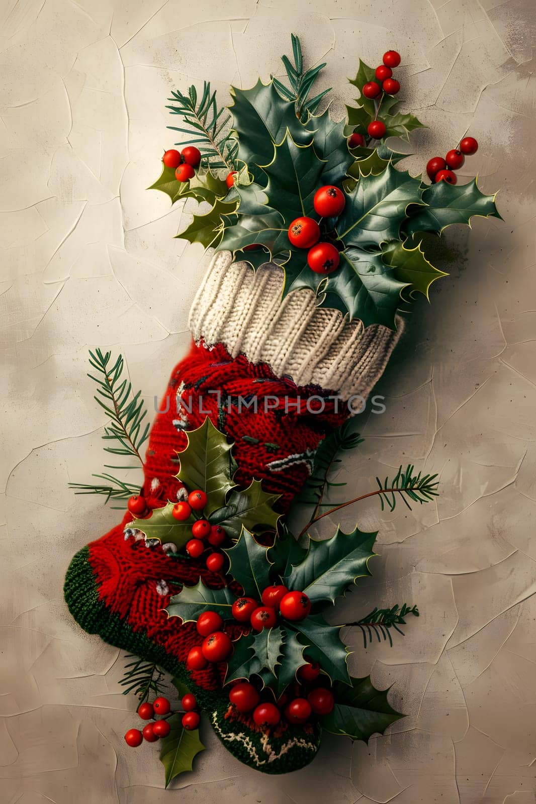 A festive Christmas ornament featuring a holly and berry design on a stocking. The evergreen plant symbolizes the holiday season with its red berries and green branches