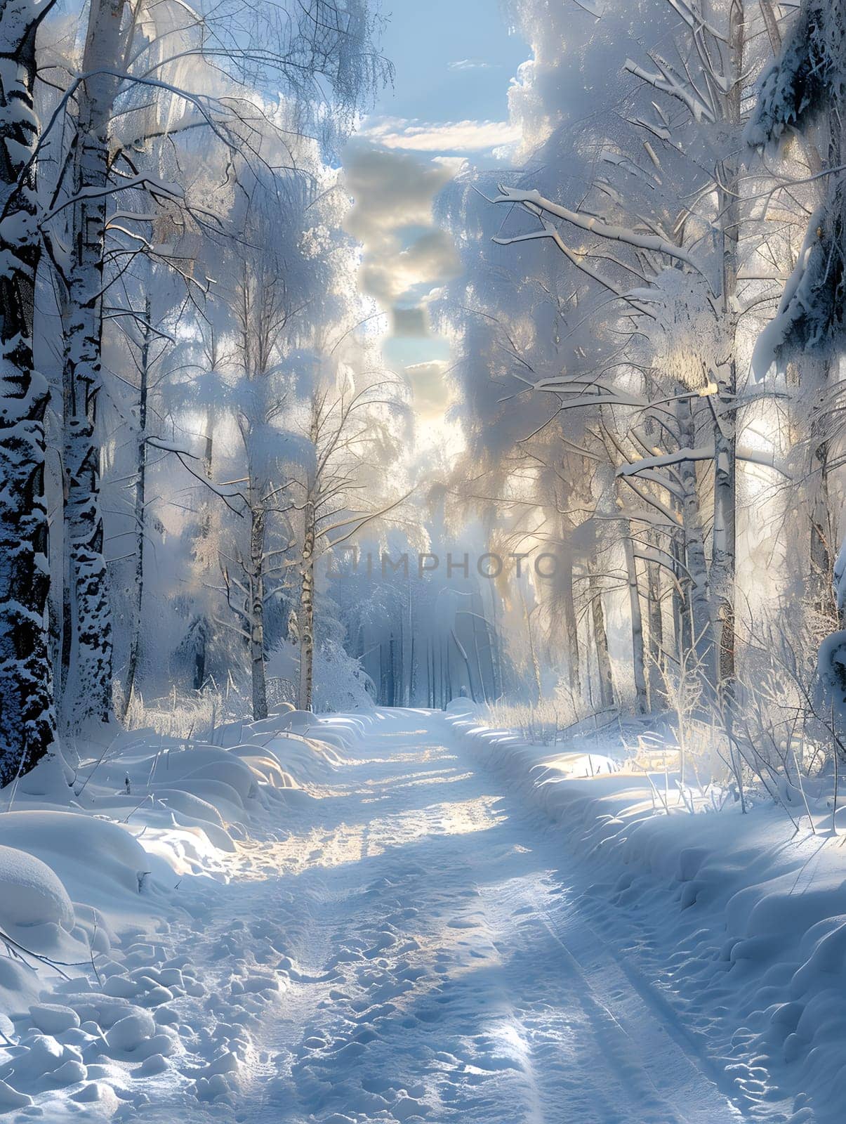 The snowy forest is a mesmerizing natural landscape with trees and twigs covered in snow. The road cuts through the wood under the freezing sky