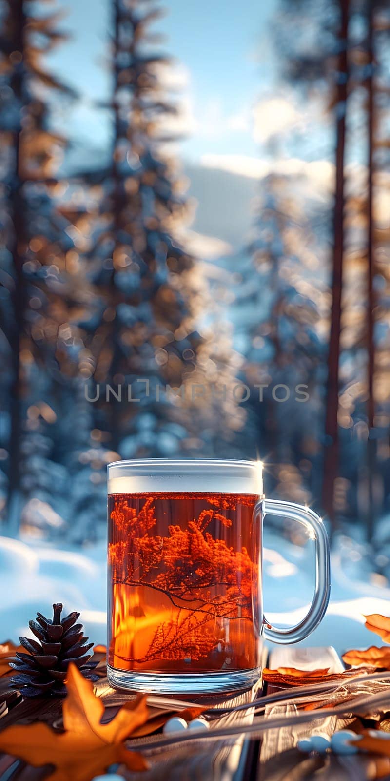 A glass of beer rests on a wooden table in the middle of the forest landscape. The liquid inside reflects the surrounding trees and branches, as the sunlight filters through the canopy above