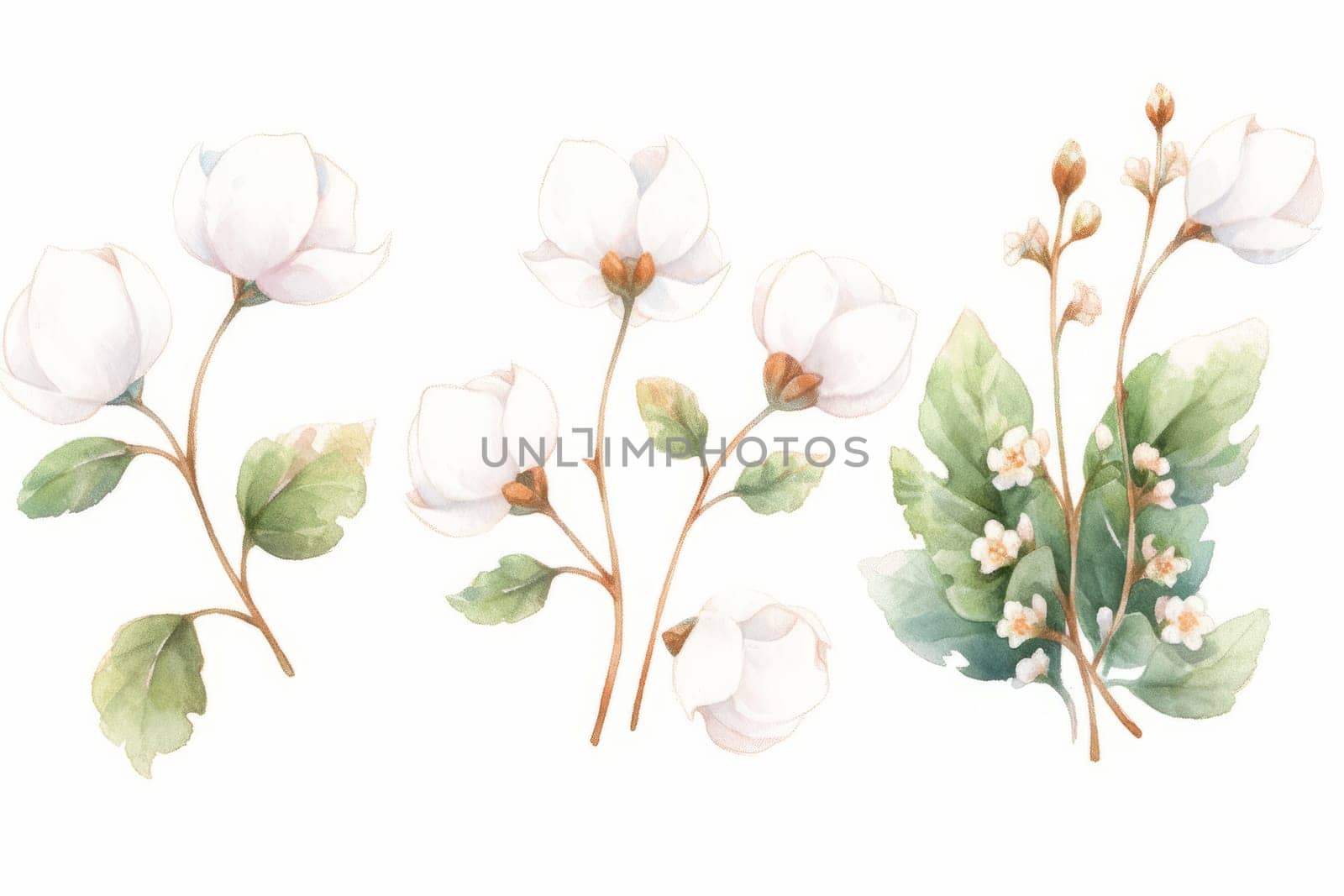 Cotton flowers hand drawn watercolor illustration