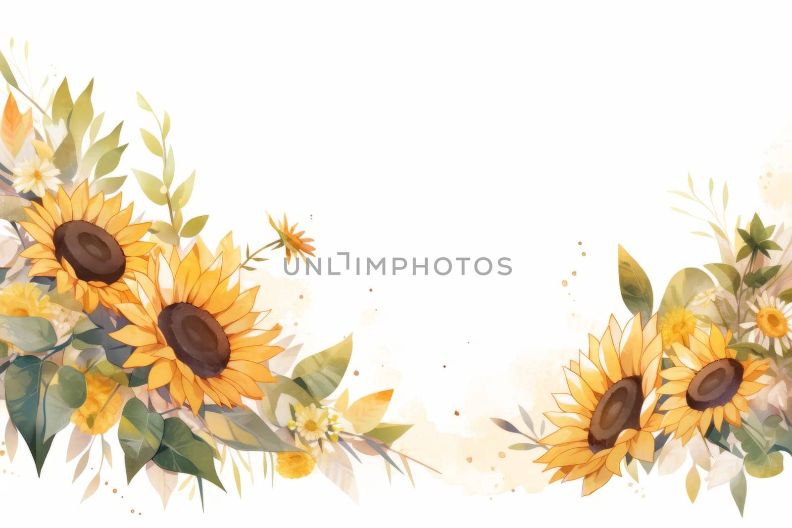 Sunflower landscape background hand drawn watercolor illustration. by Artsiom