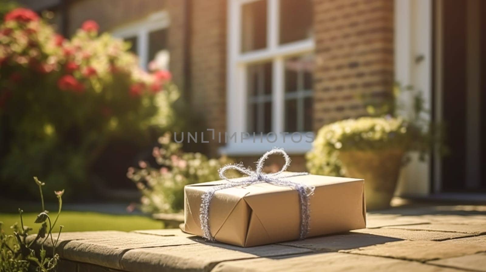 Elegant gift shop delivery, postal service and luxury online shopping, parcel box with a bow on a house doorstep in the countryside, post-processed, generative ai