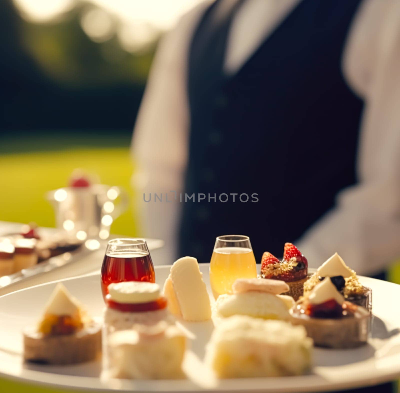 Luxury food service, appetisers by a waiter at a wedding celebration or formal event in classic English style at luxurious hotel or country estate, post-processed, generative ai