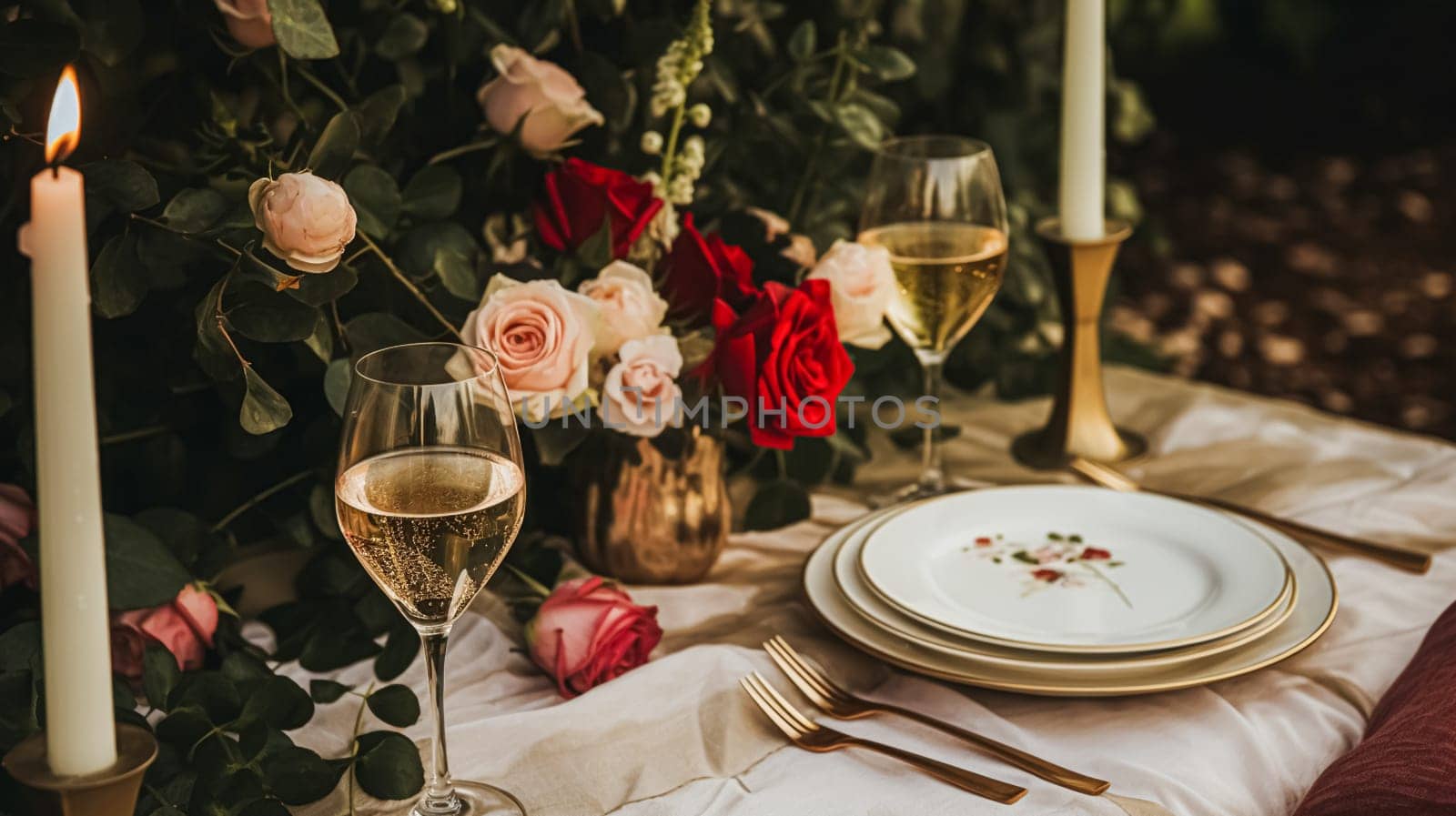 Wedding and event celebration tablescape with flowers, formal dinner table setting with roses and wine, elegant floral table decor for dinner party and holiday decoration, home styling idea