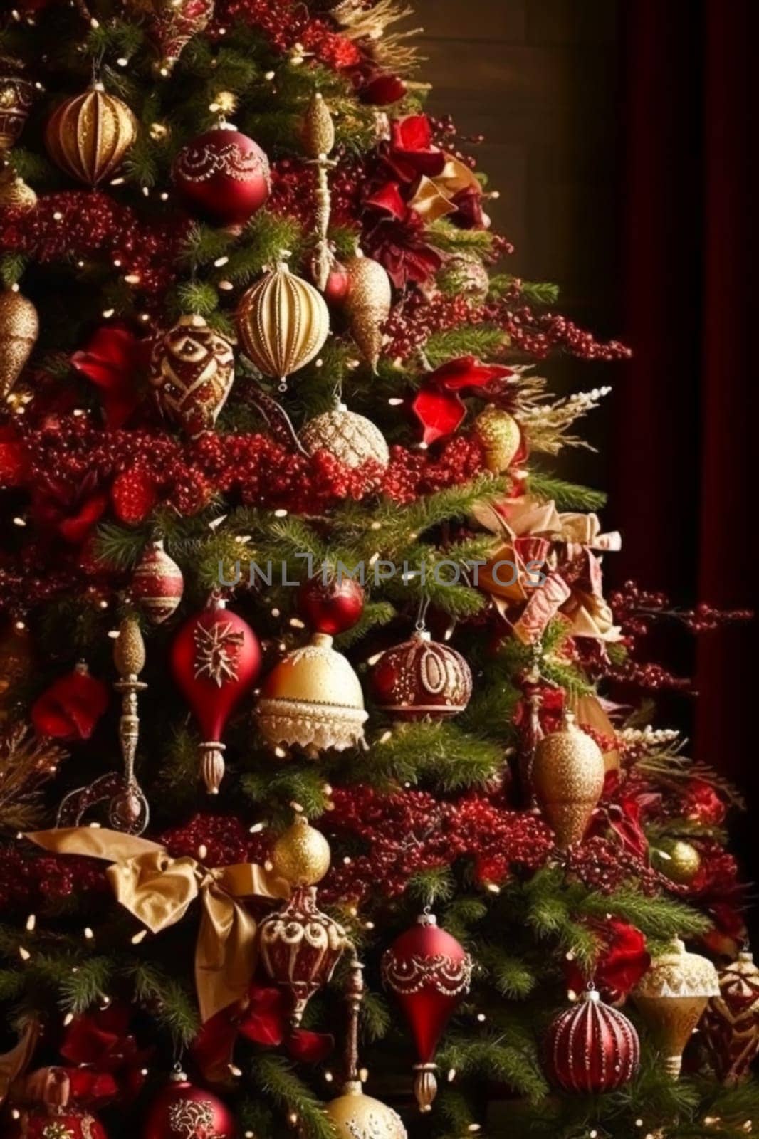 Christmas tree with classic ornaments and decorations, English country house and cottage style, Merry Christmas and Happy Holidays wishes, post-processed, generative ai