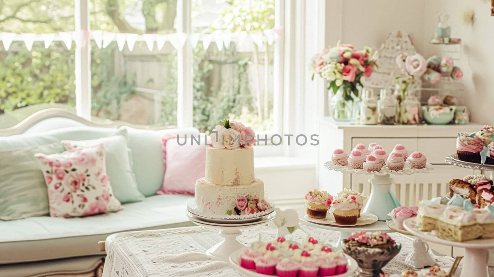 Birthday tablescape or candy bar with sweets, Birthday cake and cupcakes, beautiful party and celebration