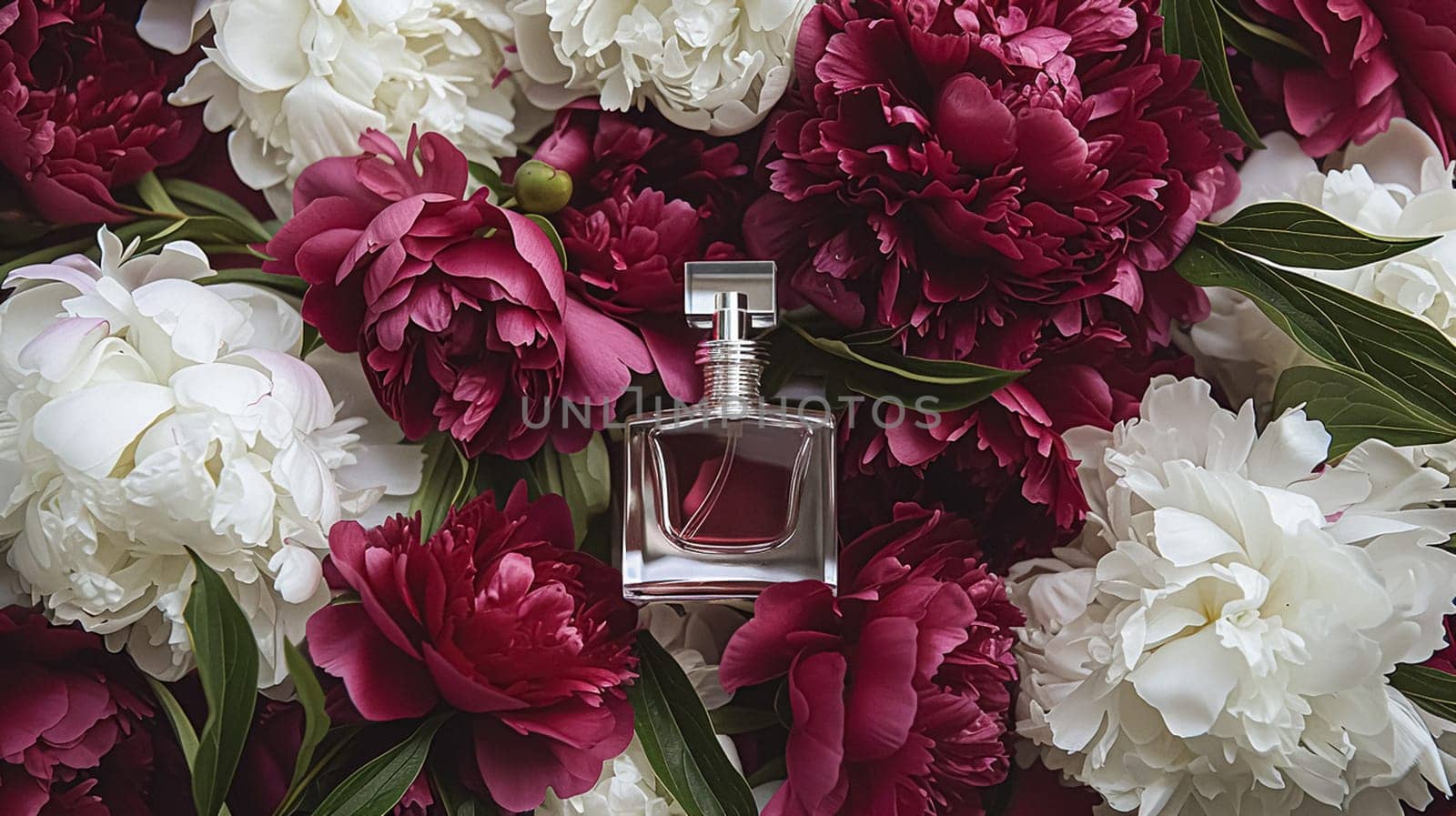 Perfume bottle in flowers, fragrance on blooming background, floral scent and cosmetic product idea