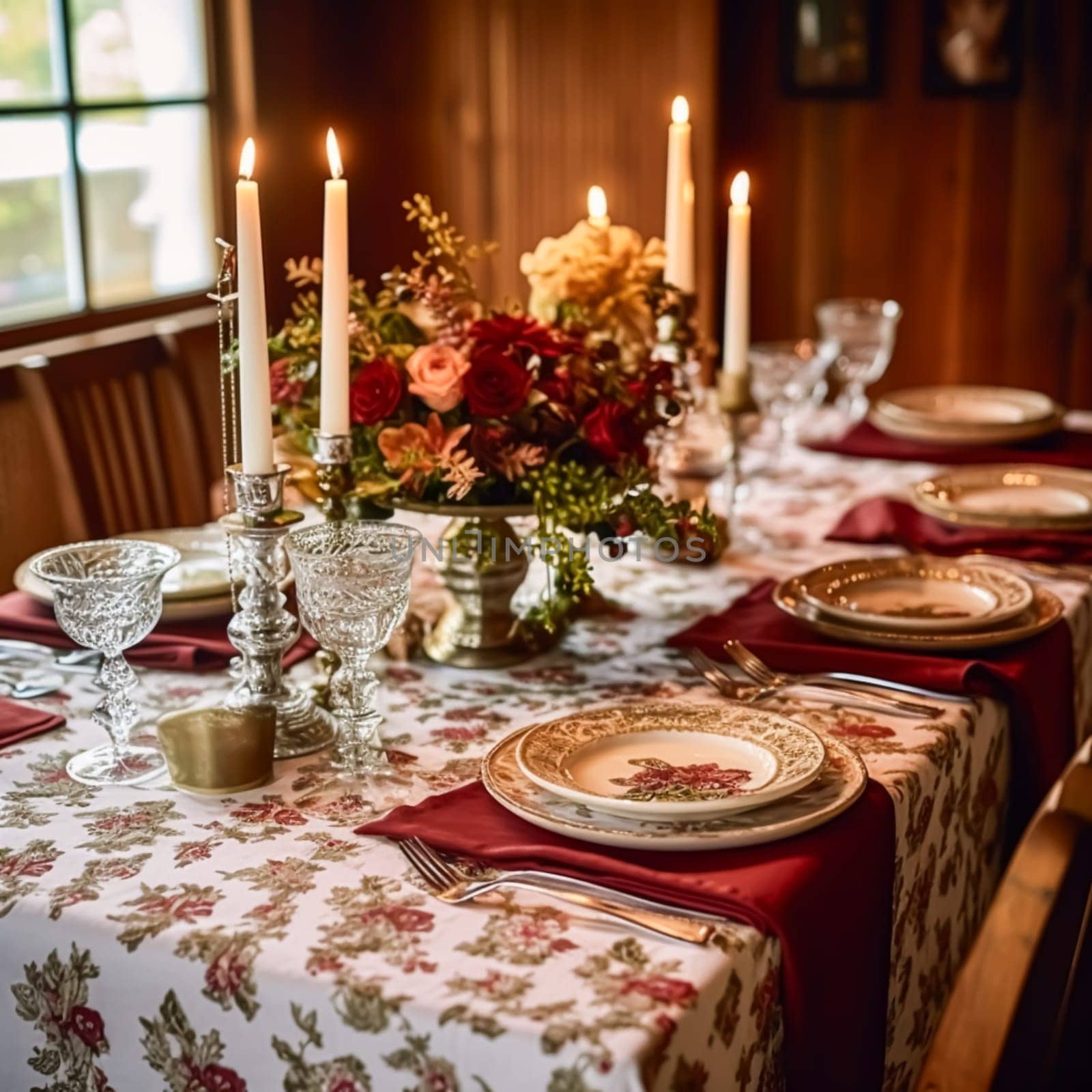 Autumnal holiday tablescape, formal dinner table setting, classic festive table scape with decoration for wedding party and event celebration, post-processed, generative ai