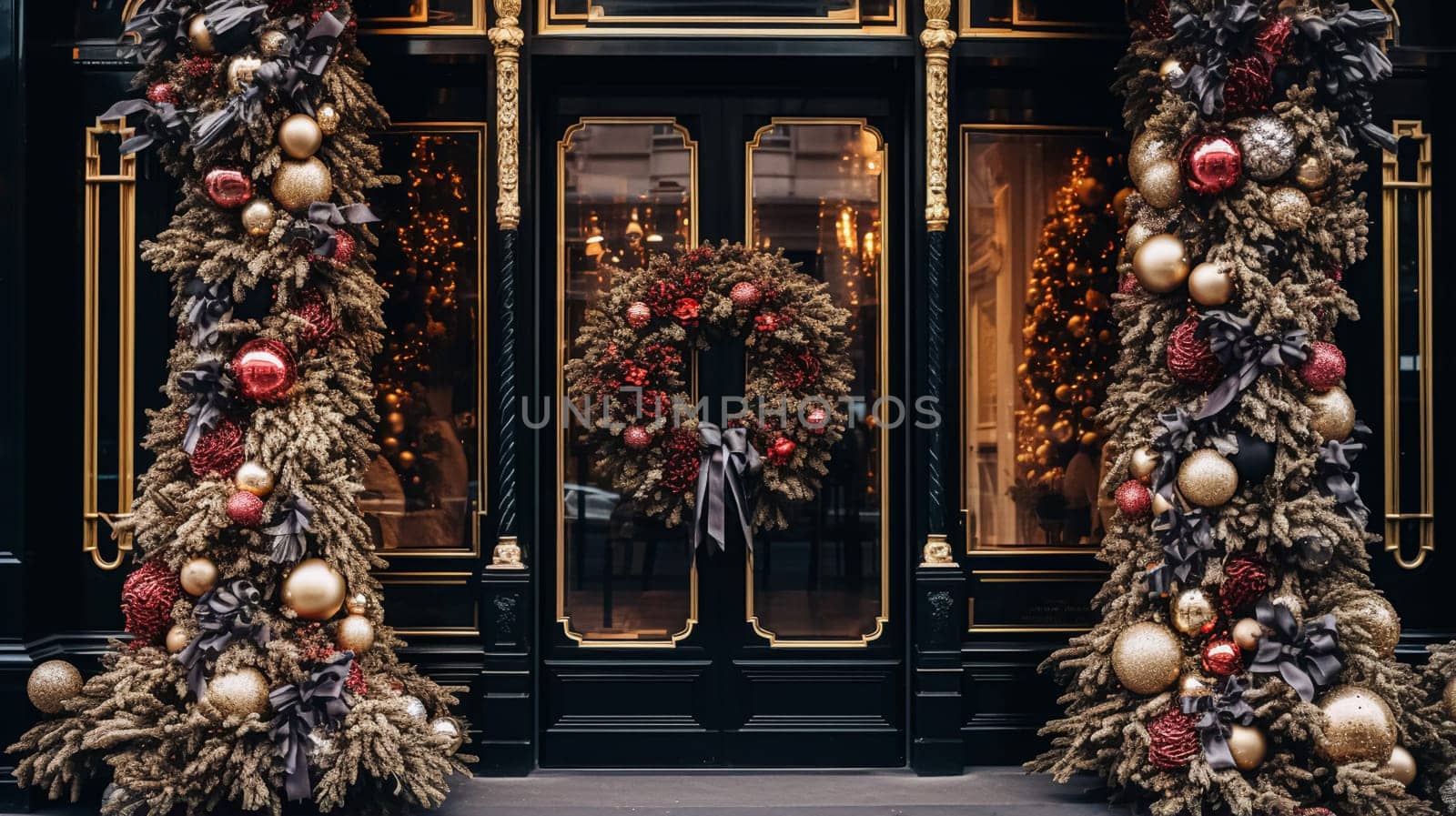 Christmas decoration details on English styled luxury high street city store door or shopping window display, holiday sale and shop decor inspiration