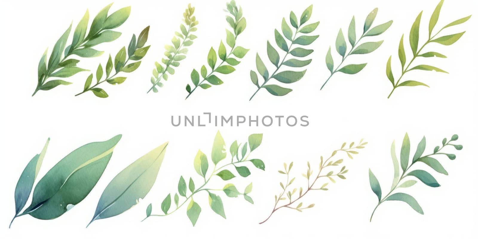Set of watercolor green leaves elements. Clipart botanical collection. by Artsiom