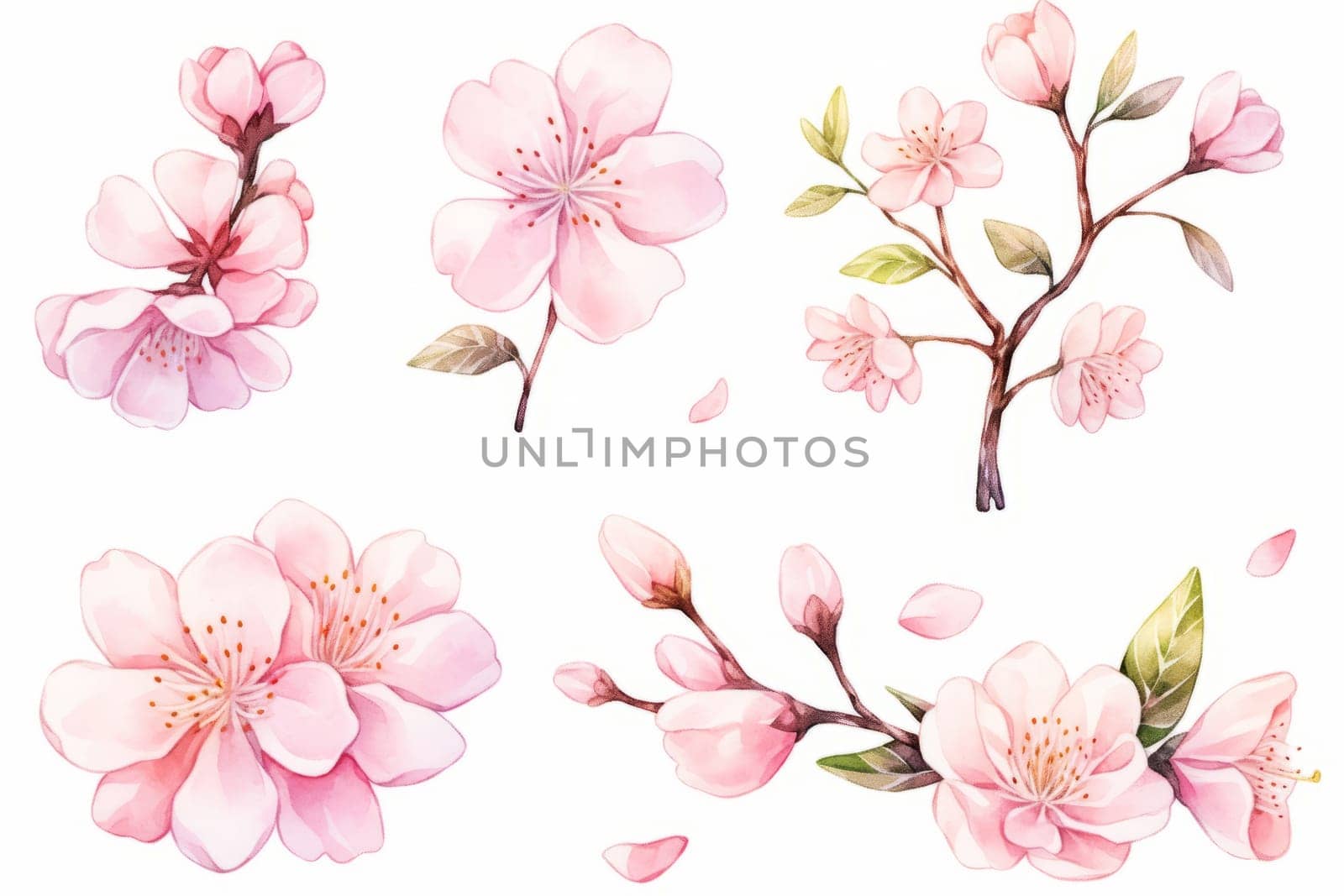 Branch of cherry blossom hand drawn watercolor illustration. by Artsiom