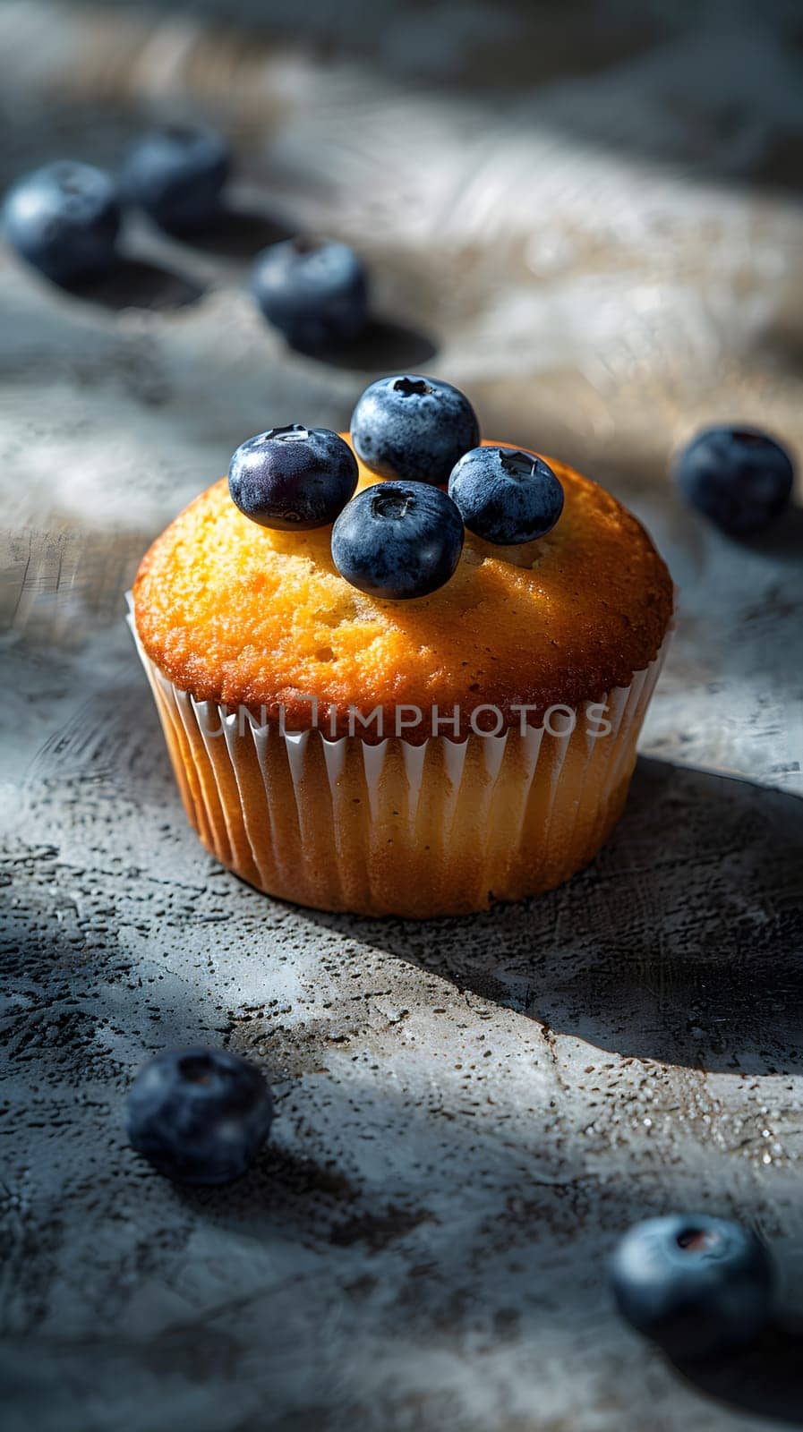 A delectable cupcake topped with fresh blueberries sits on a table, enticing anyone with its sweet aroma. This baked dessert is a perfect blend of ingredients, creating a delightful treat