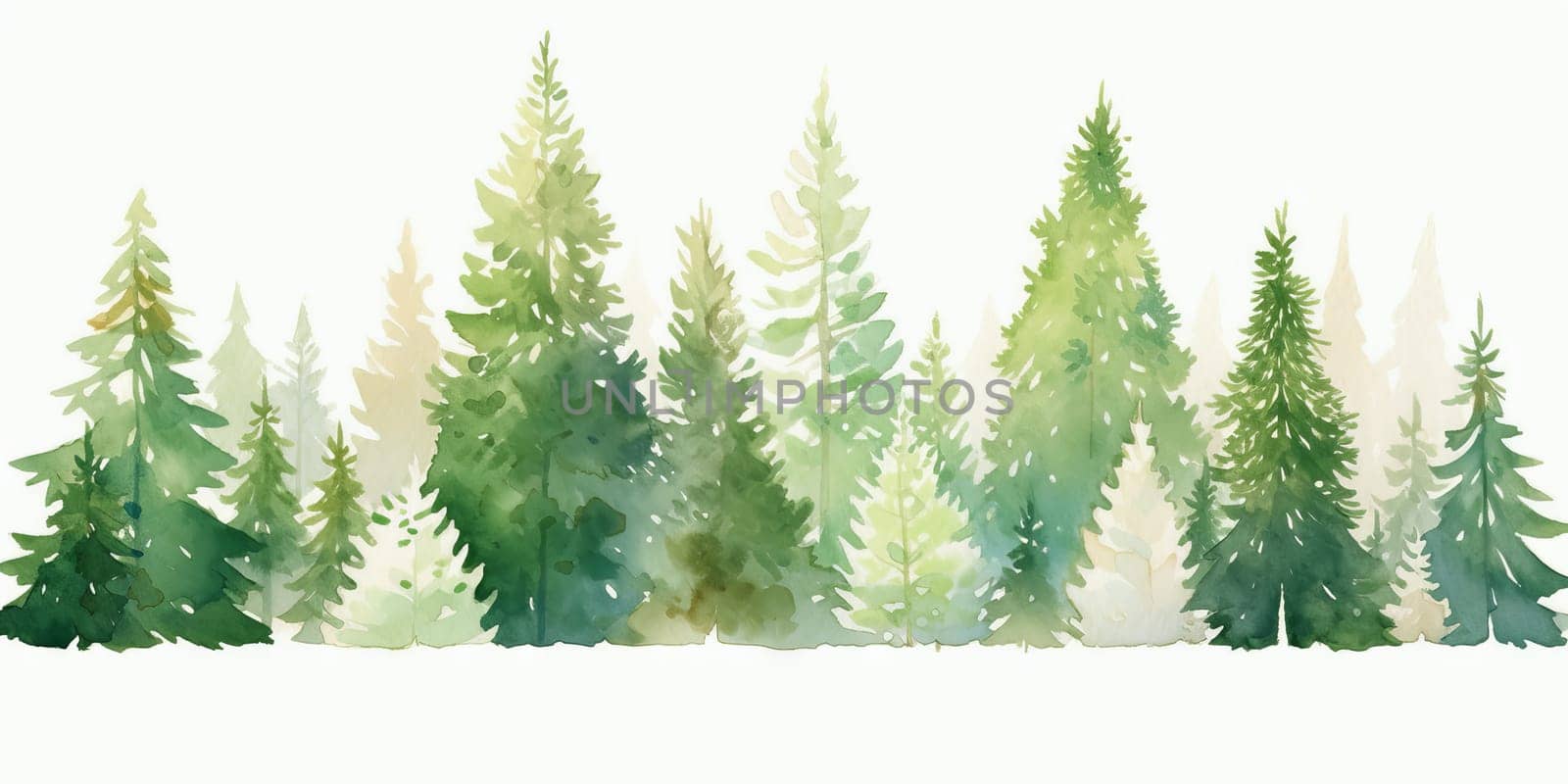 Watercolor background drawn landscape of foggy forest, winter hill