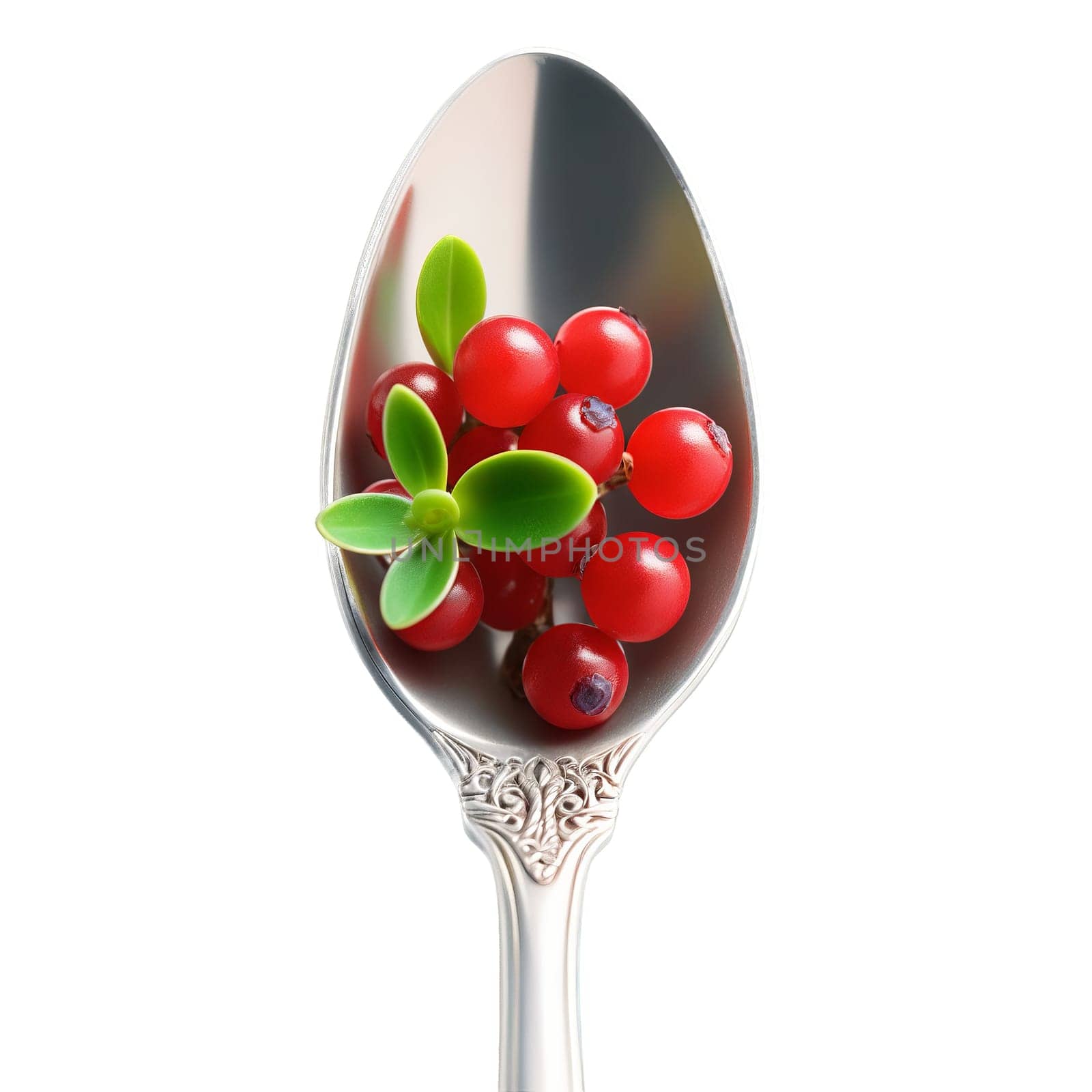 Succulent buffaloberries Shepherdia argentea elegantly balanced on a polished silver spoon their glossy red appearance. Food isolated on transparent background