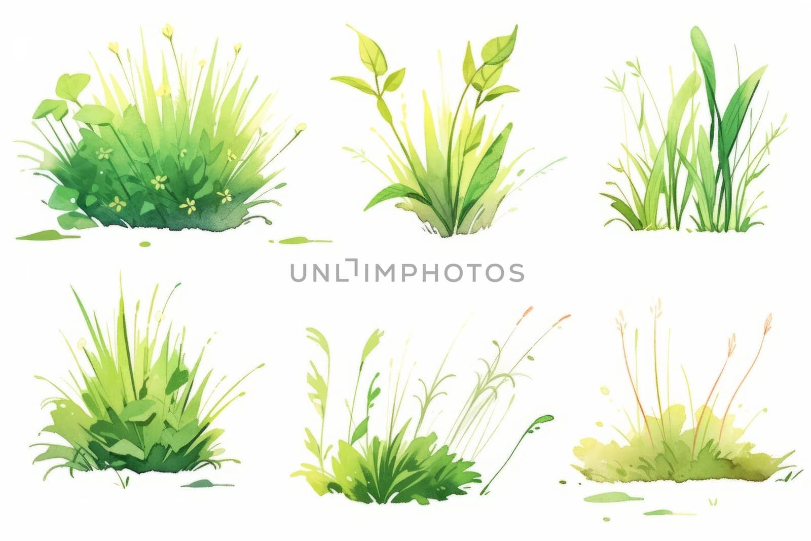 Set of green and gold grass and stem hand painted watercolor illustration. by Artsiom