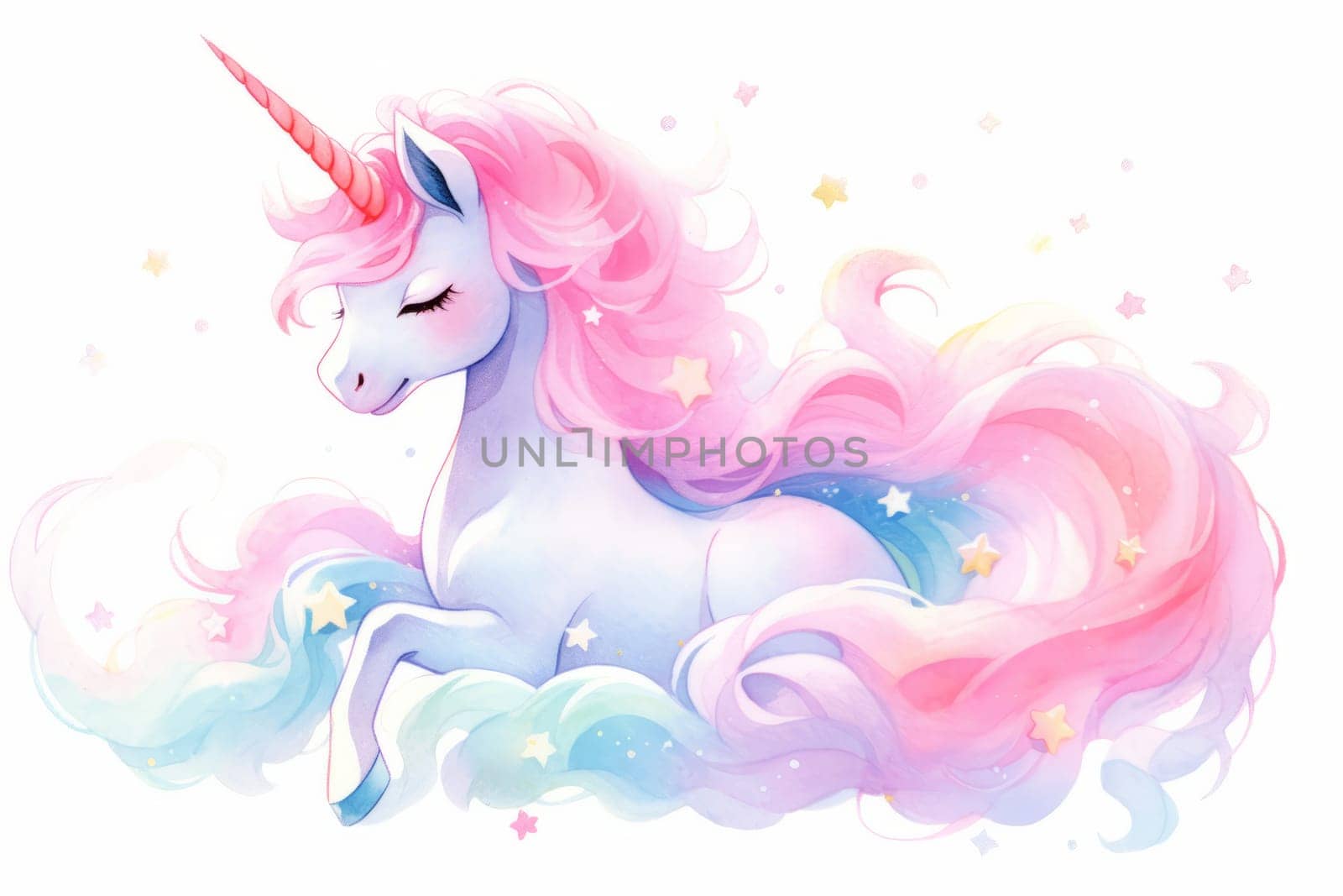 Cute fairy unicorn hand painted watercolor illustration