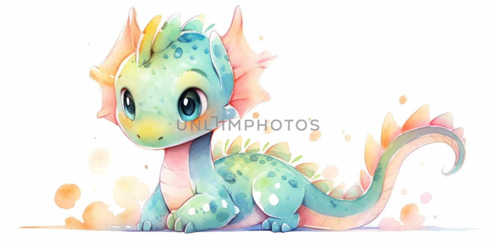 Cute kawaii dragon hand drawn watercolor illustration