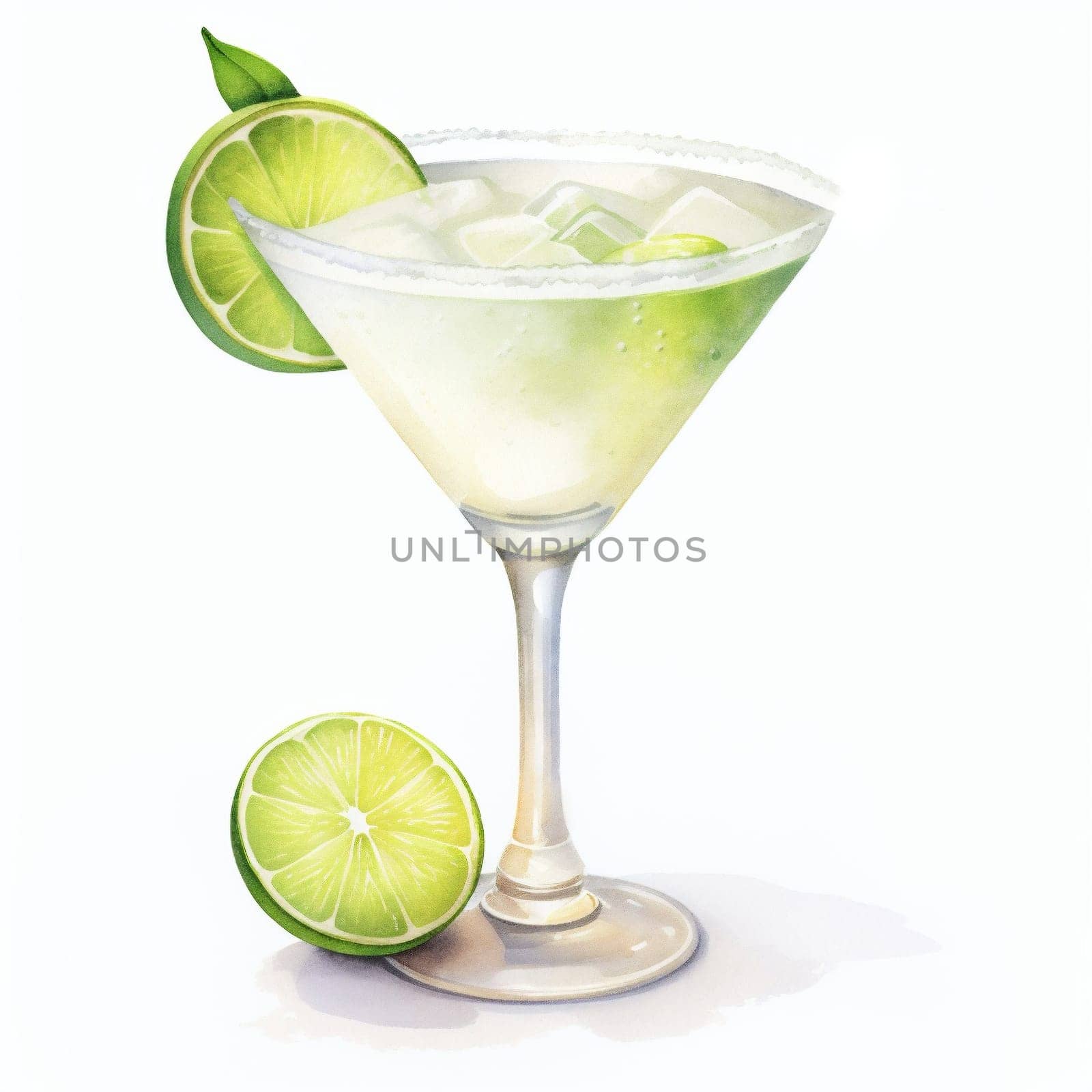 Margarita Cocktail Day with Lemon, Ice, Lemon Lime and Mint Leaves. Hand Drawn Coctail Day Sketch on White Background.
