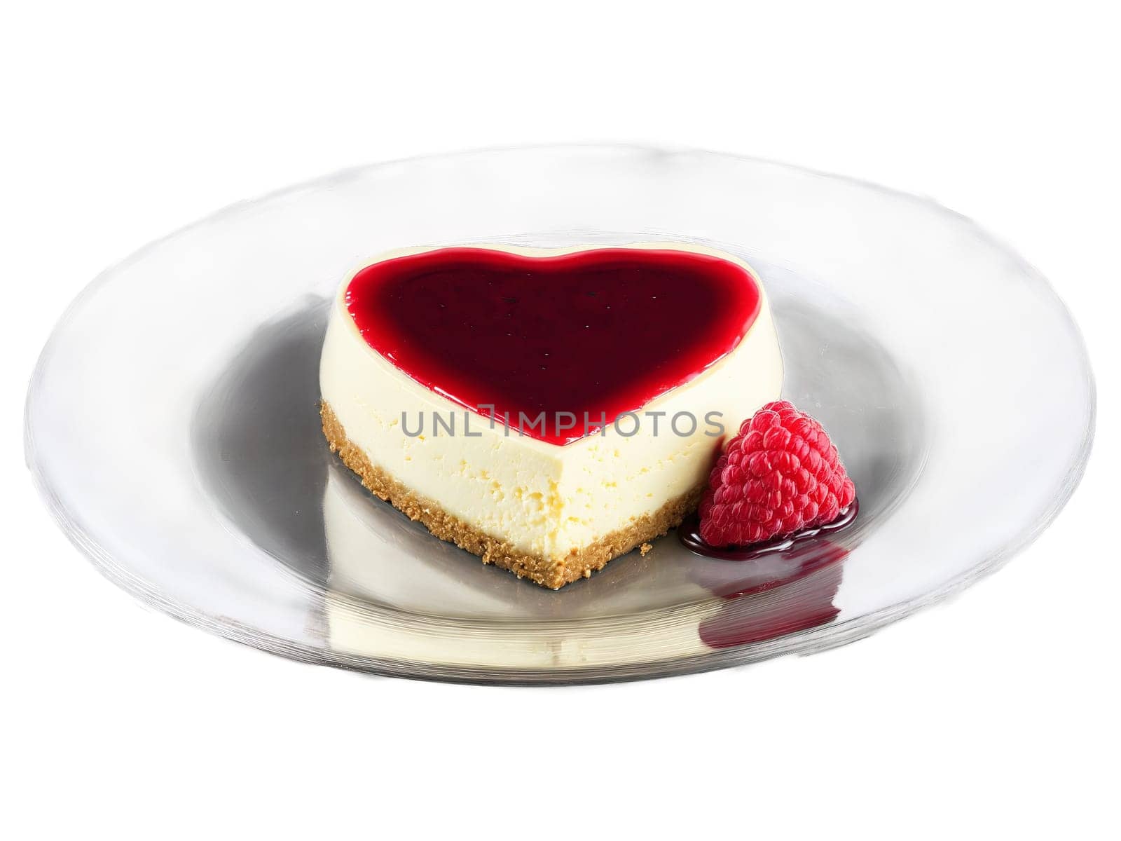Valentine s Day dessert heart shaped cheesecake with raspberry coulis served on a transparent glass. Food isolated on transparent background.