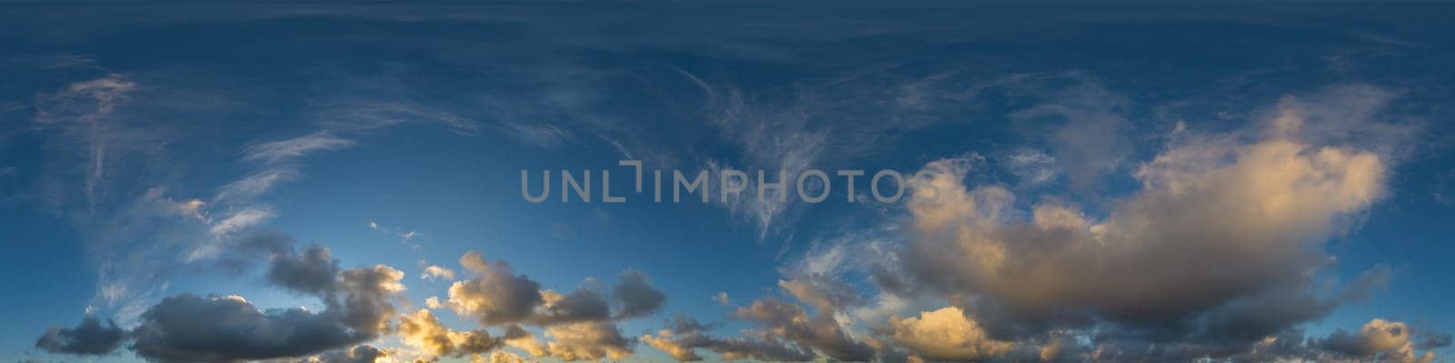 Sky panorama with Cirrus clouds in Seamless spherical equirectangular format. Full zenith for use in 3D graphics, game and editing aerial drone 360 degree panoramas for sky replacement