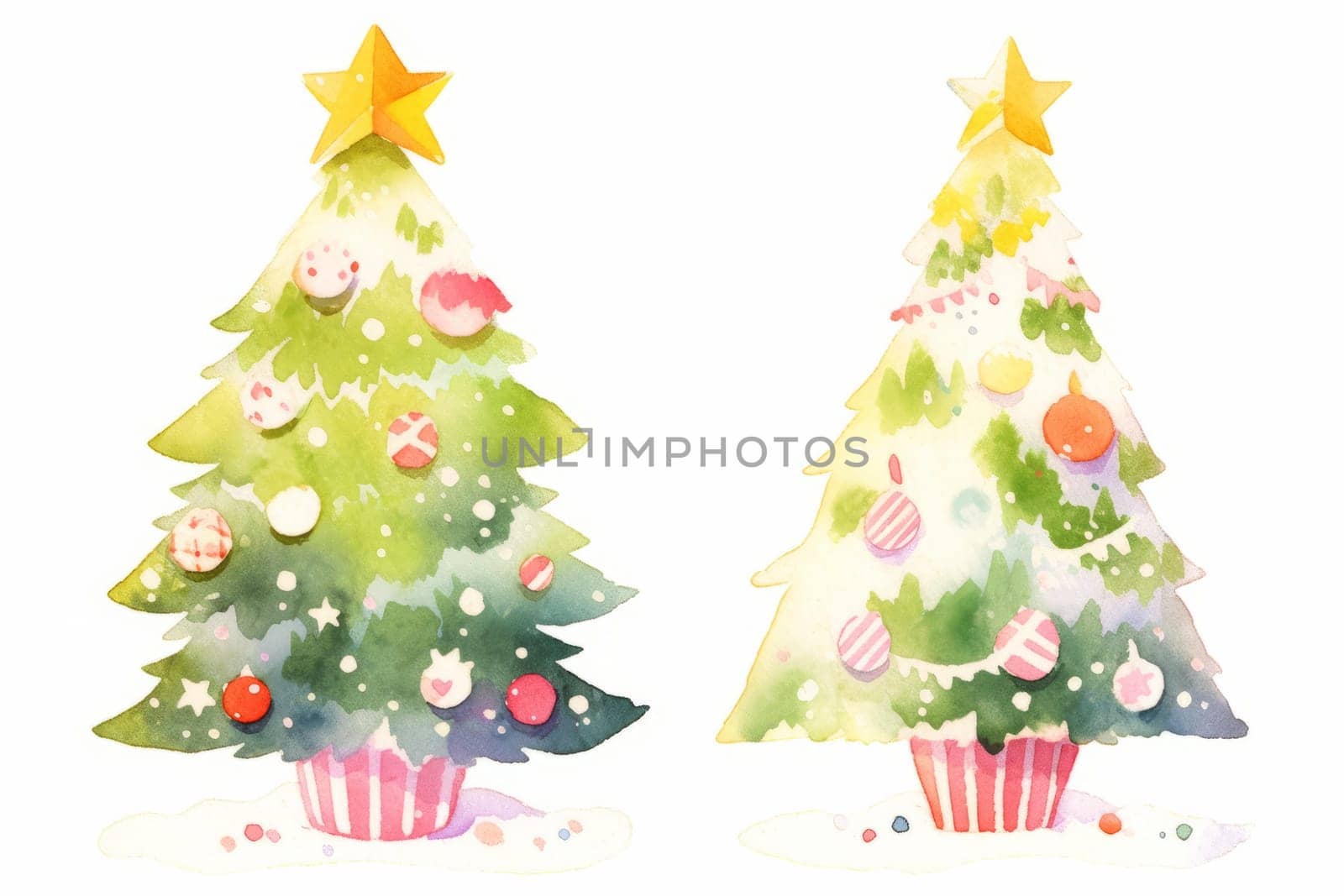 Decorated Christmas tree hand painted watercolor illustration. by Artsiom