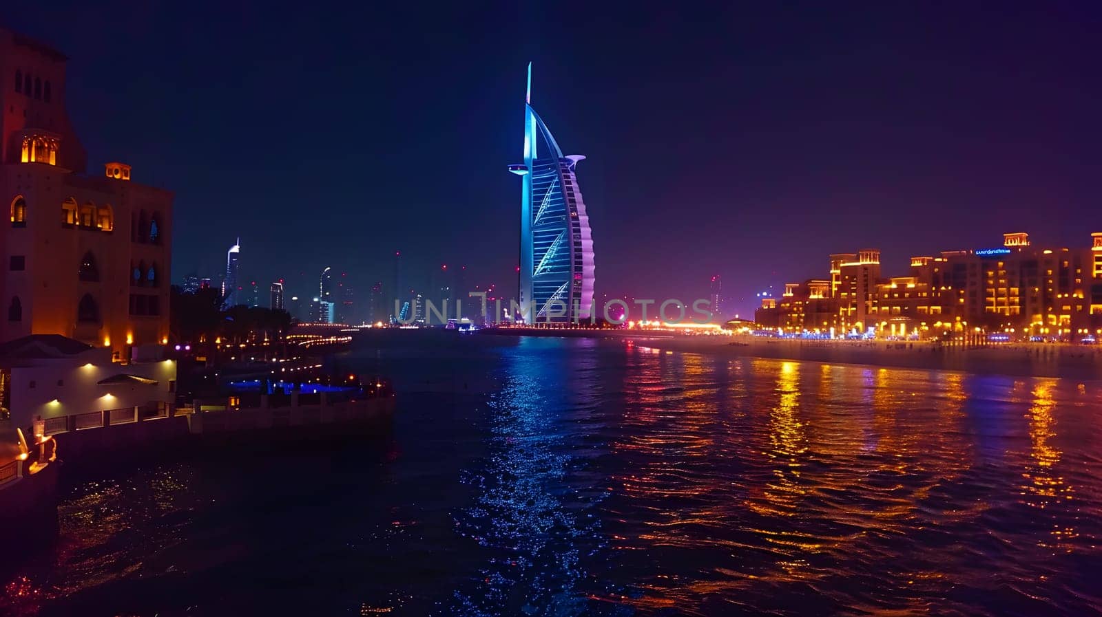 A city skyline at midnight with electric blue skyscrapers reflecting on the calm lake. The horizon blends with the city lights creating a mesmerizing event