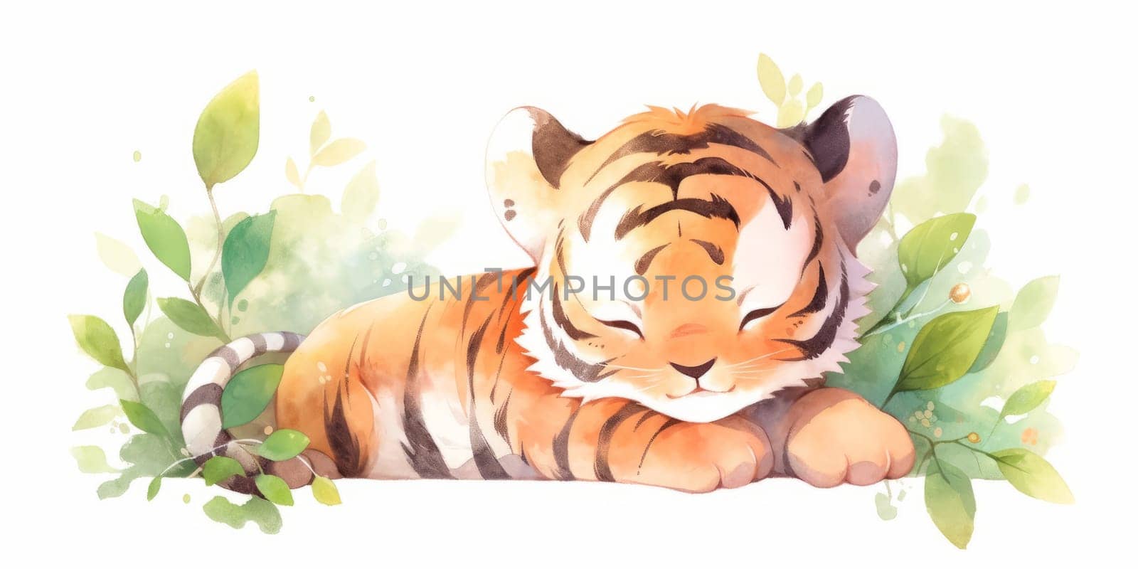Cute kawaii baby tiger hand drawn watercolor illustration. by Artsiom