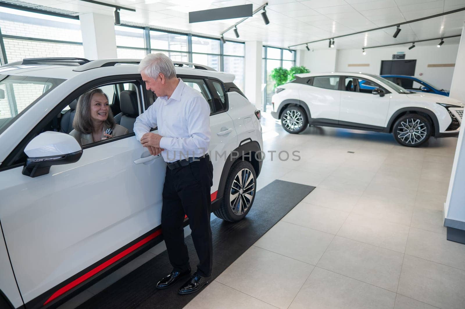 An elderly Caucasian woman is sitting in a new car. Her husband is standing nearby.