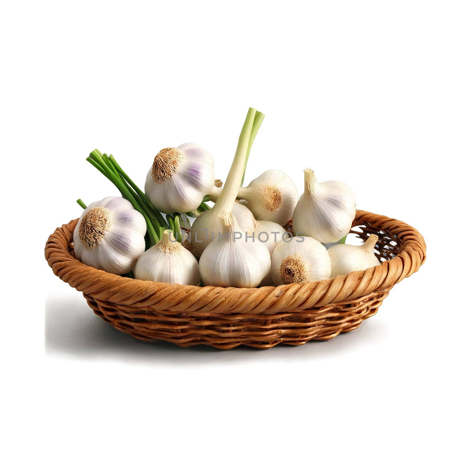 Garlic allium sativum white whole and cloved swirling around antique wicker basket misty air Food. Food isolated on transparent background.